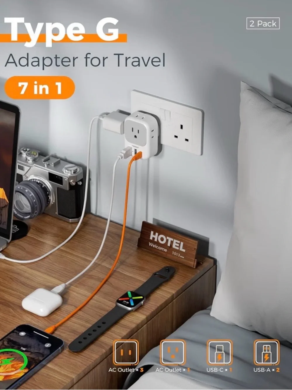 TESSAN UK Adapters for Travel, Type G Adaptor, 2 Pack 4 Outlets 3 USB, NEW